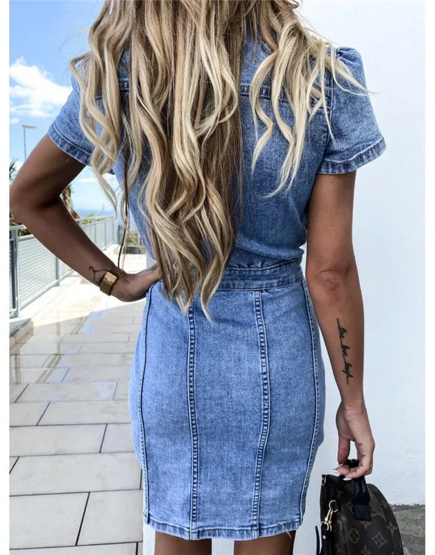 Vintage Slim One-piece Dress High Waist Denim Package Hip Skirt