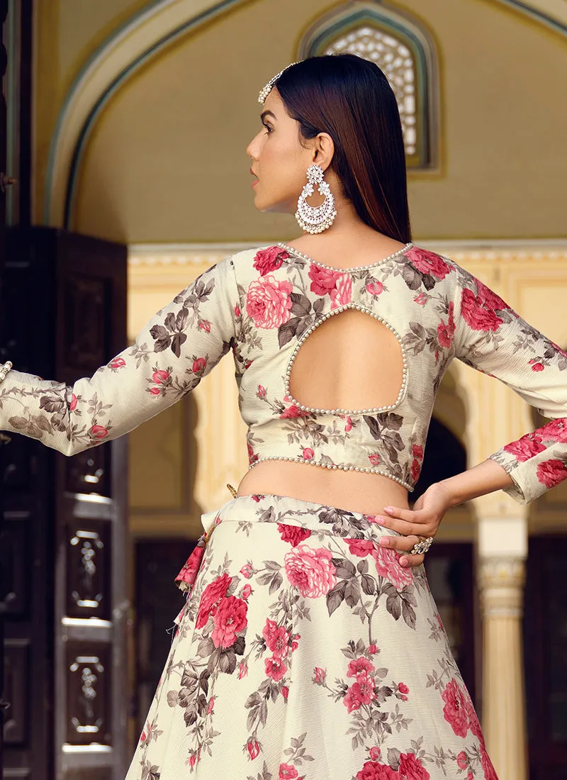 White Floral Printed Crinkle Lehenga Choli