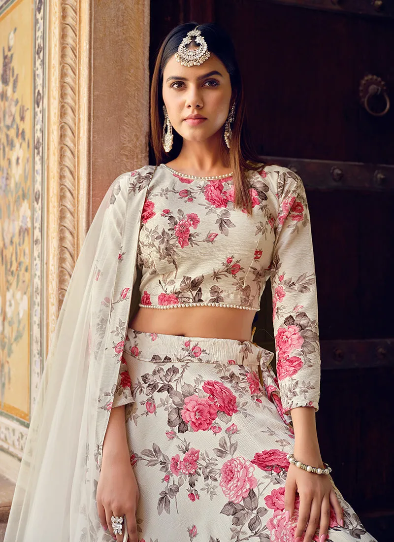 White Floral Printed Crinkle Lehenga Choli