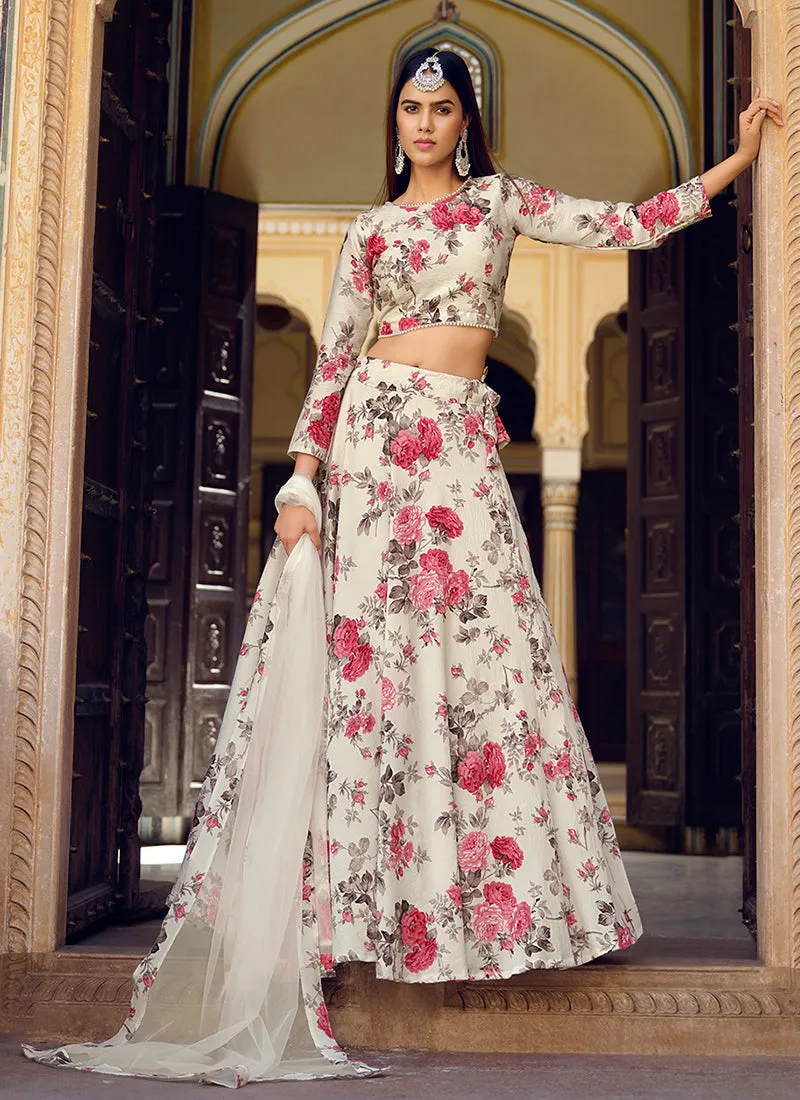 White Floral Printed Crinkle Lehenga Choli