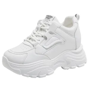White Platform Women's Sneakers Lace-Up Thick Bottom Running Cross Trainer Shoes PU Leather Breathable Walking Shoes