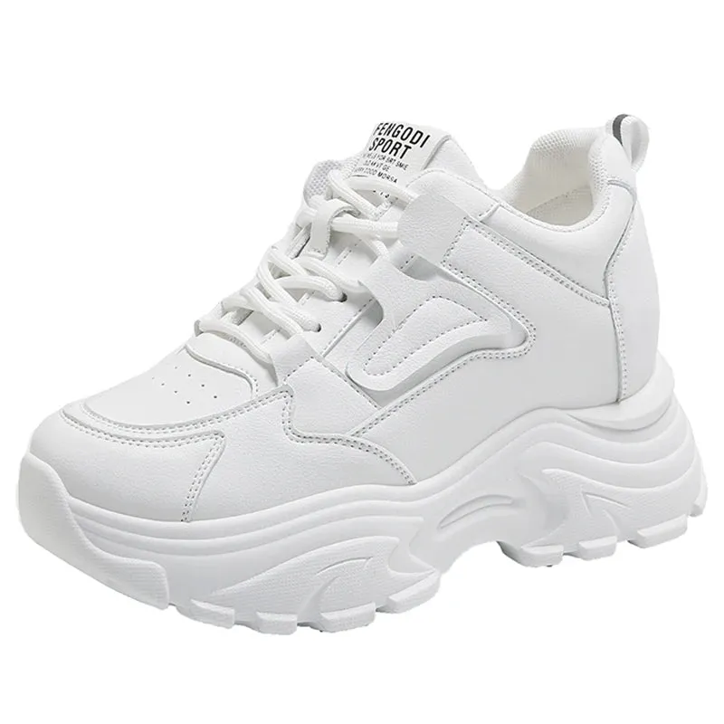 White Platform Women's Sneakers Lace-Up Thick Bottom Running Cross Trainer Shoes PU Leather Breathable Walking Shoes