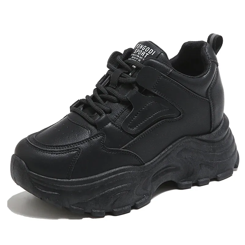 White Platform Women's Sneakers Lace-Up Thick Bottom Running Cross Trainer Shoes PU Leather Breathable Walking Shoes