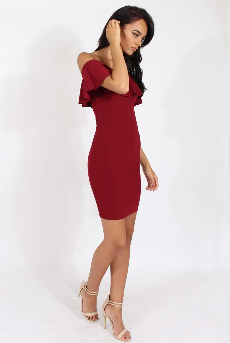 Wine Bardot Frill Midi Dress - Lily