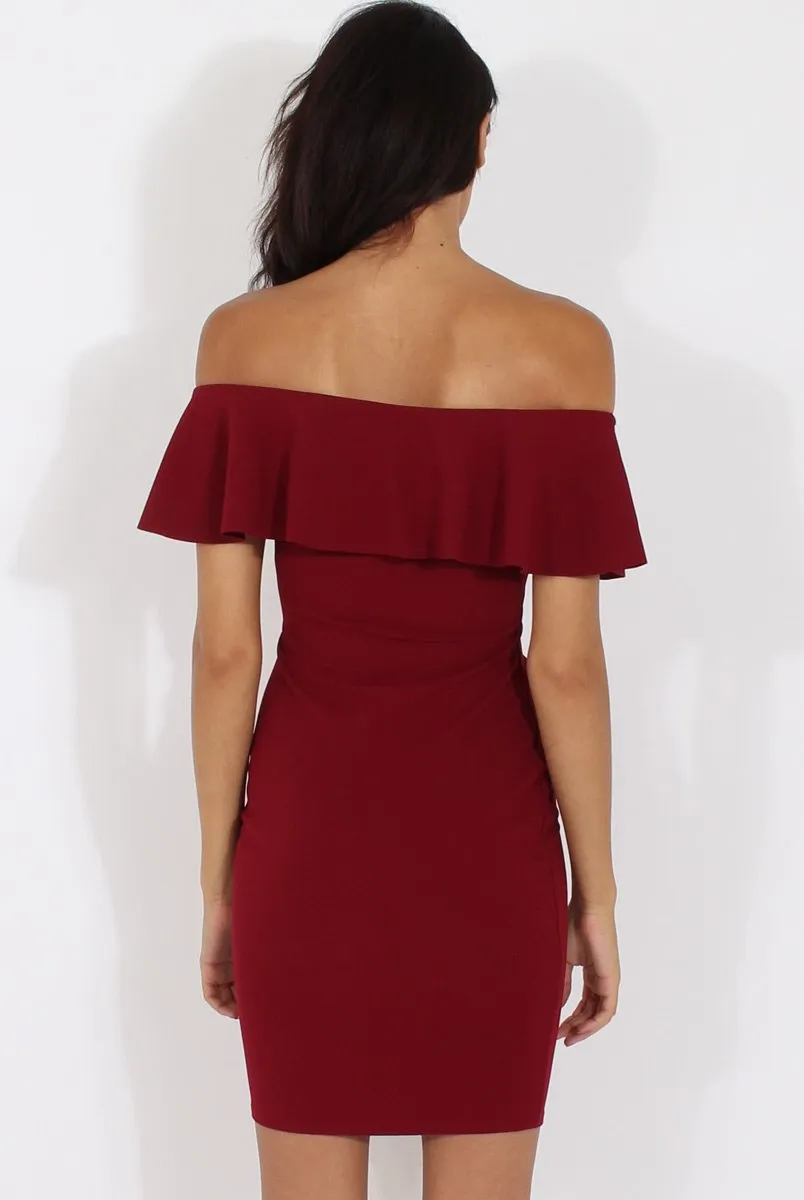 Wine Bardot Frill Midi Dress - Lily