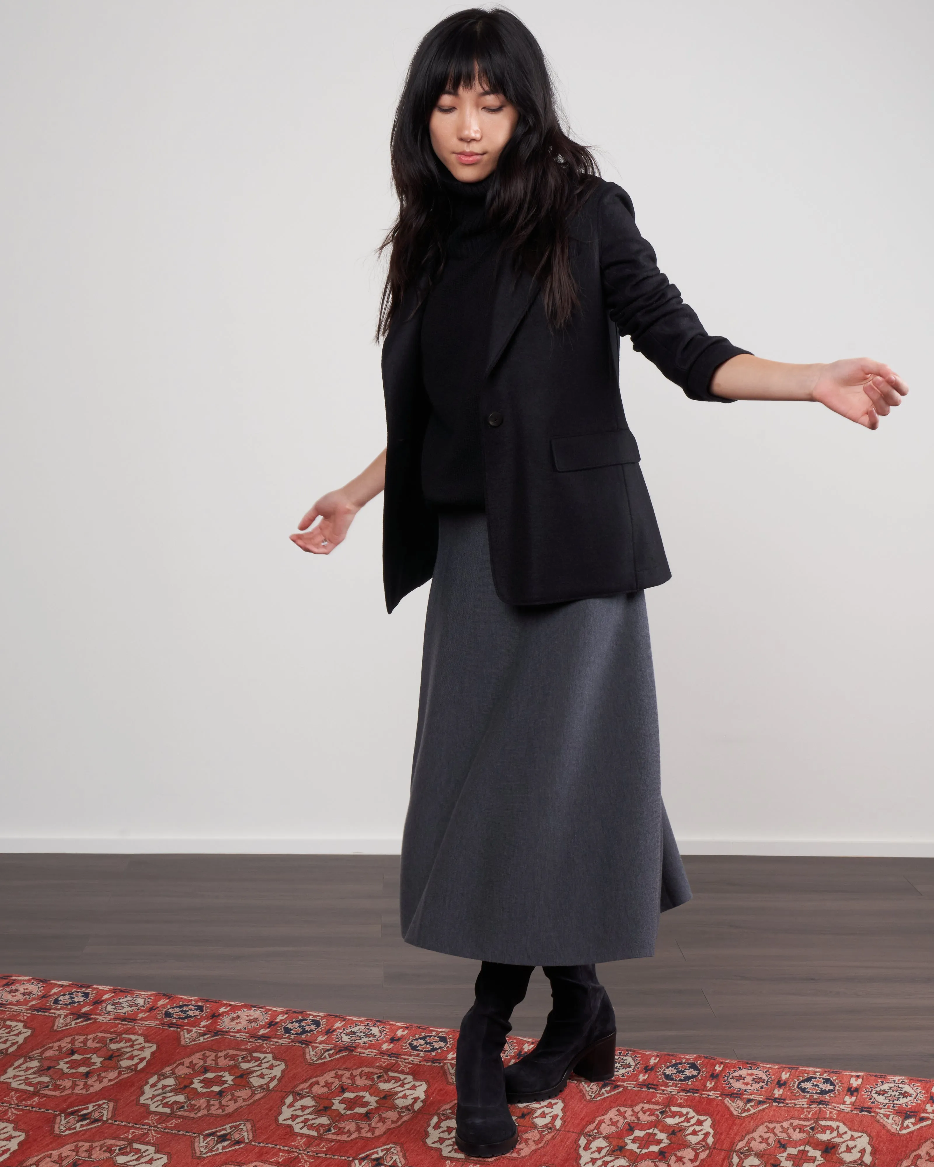 women 1 button blazer light pressed wool - black