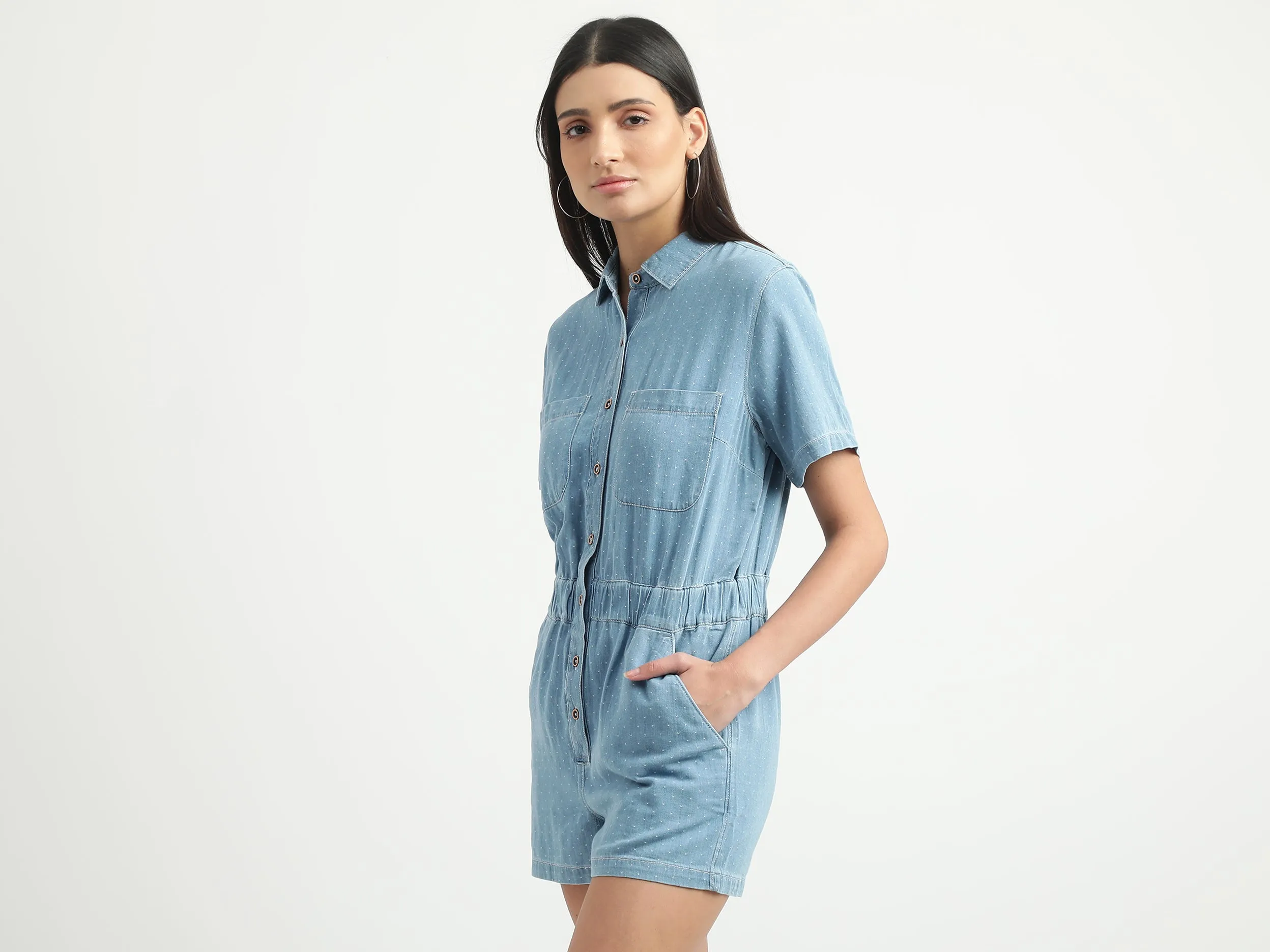 Women Printed Spread Collar Romper