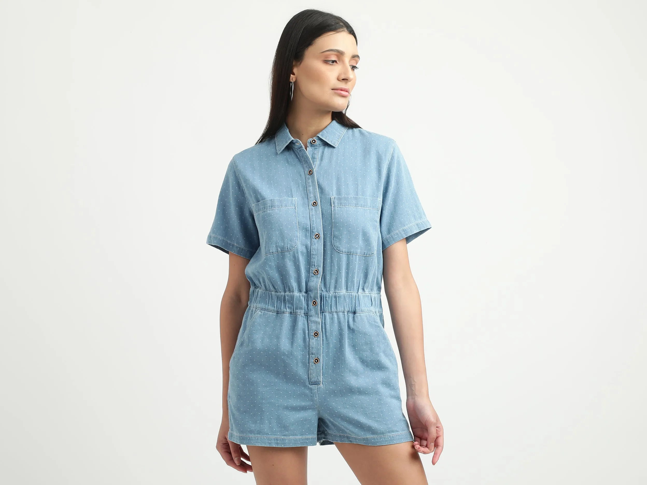 Women Printed Spread Collar Romper