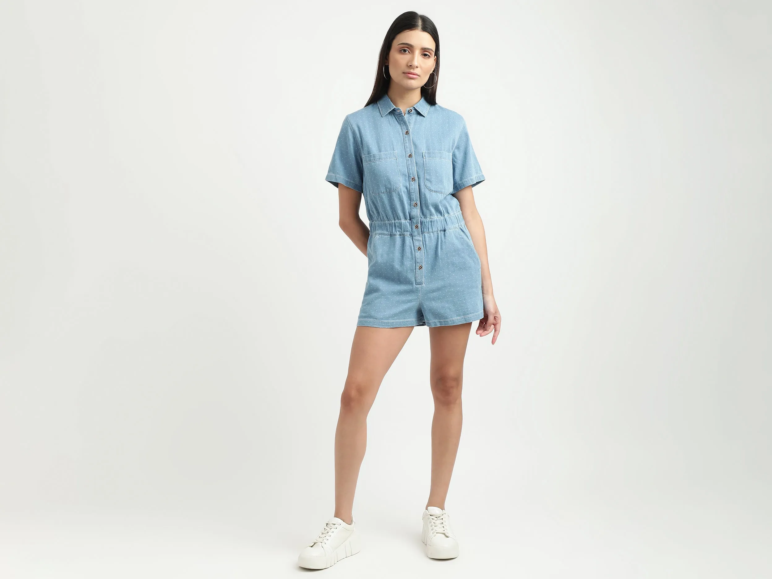 Women Printed Spread Collar Romper