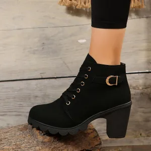 xieyinshe  Women's Chunky Heel Short Boots, Fashion Lace Up Side Zipper Boots, Comfortable Ankle Boots