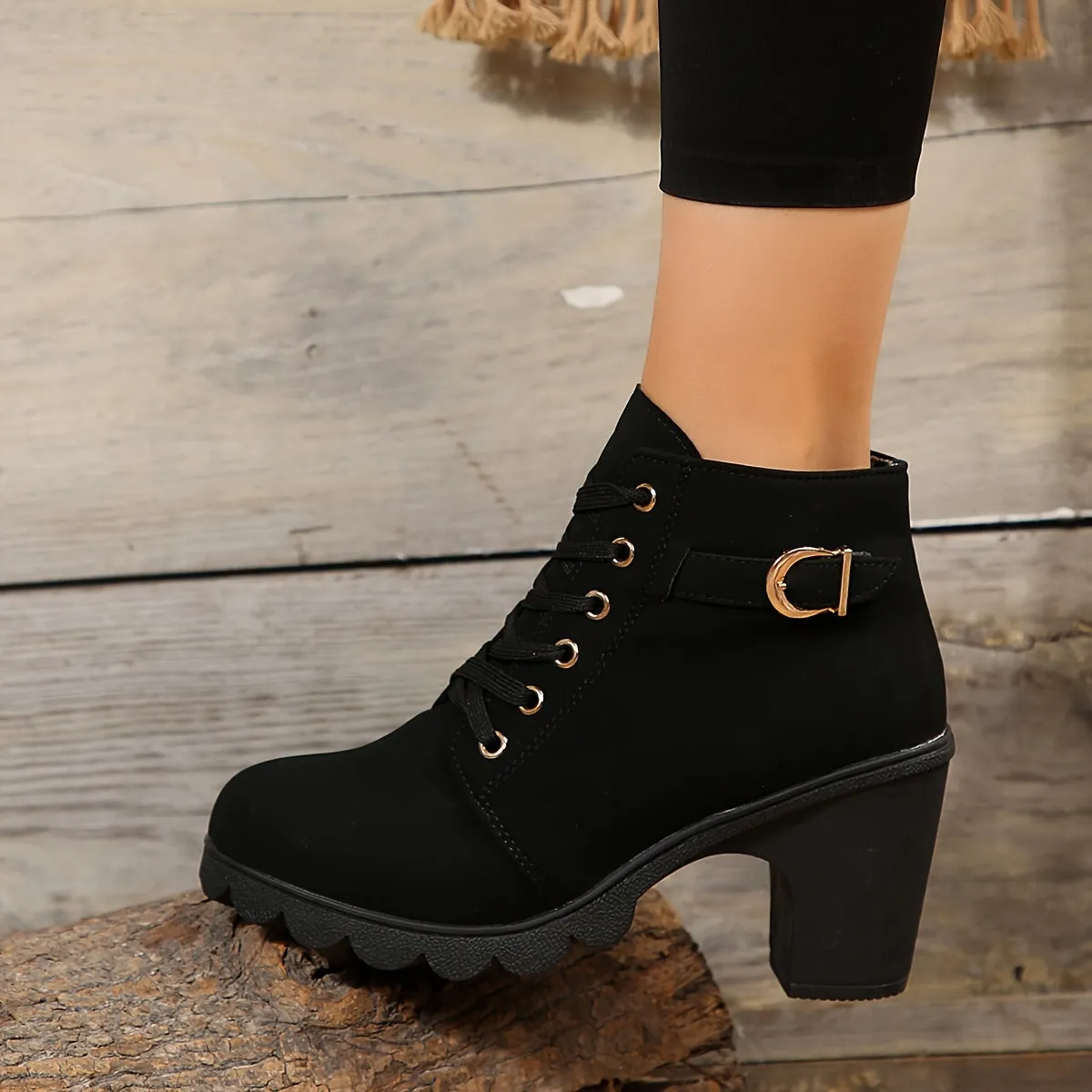 xieyinshe  Women's Chunky Heel Short Boots, Fashion Lace Up Side Zipper Boots, Comfortable Ankle Boots