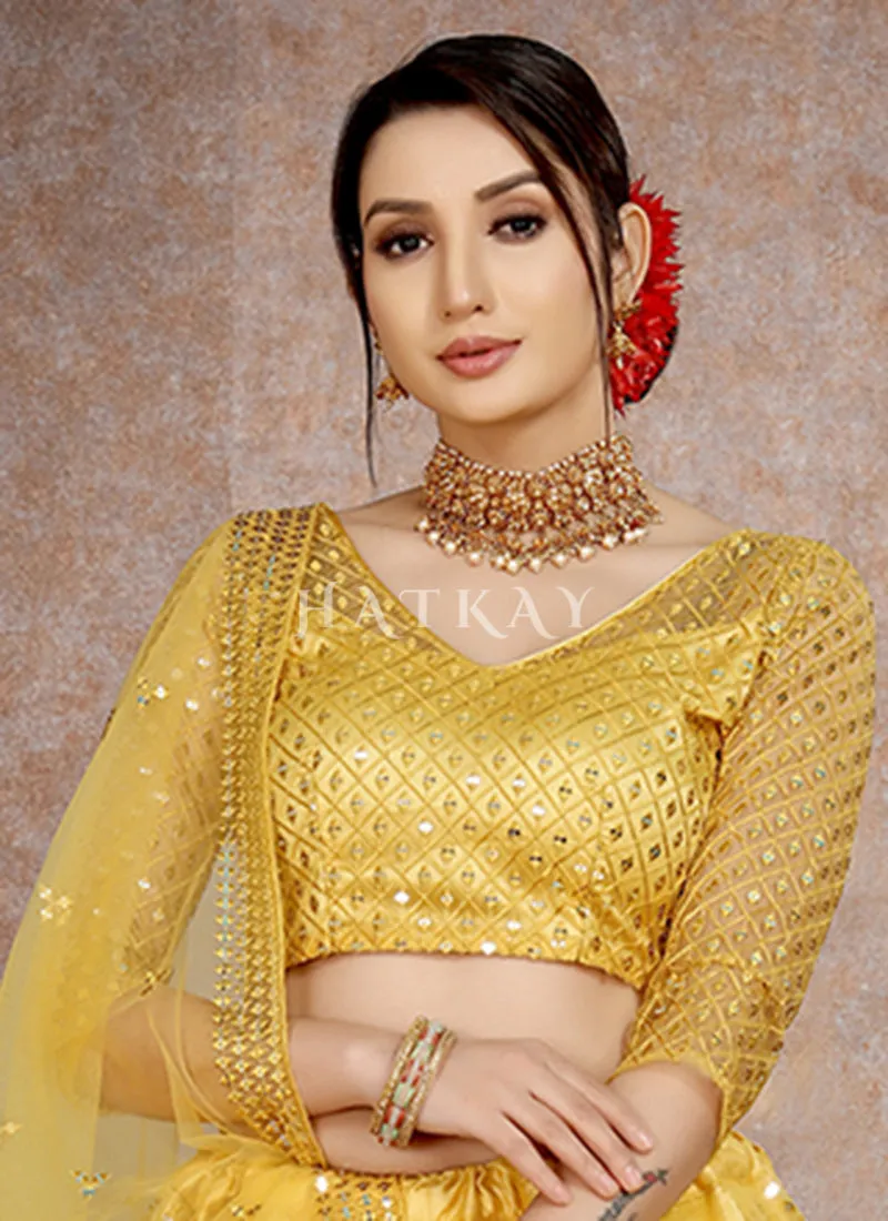 Yellow Mirror Work Embroidery Net Lehenga Choli